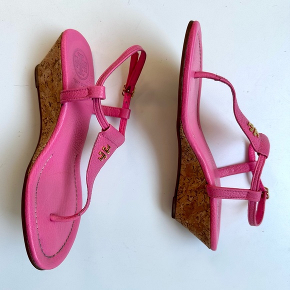 Tory Burch Thong Demi Wedge Sandals - Britton in Pink, Gold Logo, size 5.5 - Picture 5 of 11